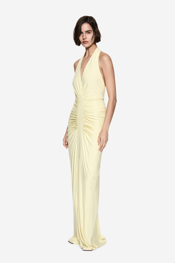 Venus Gathered Cupro Dress Lemon by MISHA – a halter maxi with ruched waist and soft drape. Perfect for elegant styling.