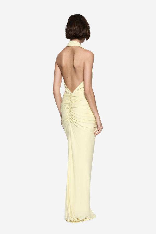 Venus Gathered Cupro Dress Lemon by MISHA – a halter maxi with ruched waist and soft drape. Perfect for elegant styling.