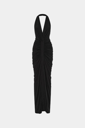 Venus Gathered Cupro Maxi Dress by Misha, a black plunging halter gown with ruched draping and mermaid hem. Perfect for formal events.
