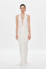 Venus Gathered Cupro Maxi Dress by Misha, a plunging halter style with ruched draping and mermaid hem. Perfect for elegant evenings.