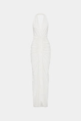 Venus Gathered Cupro Maxi Dress by Misha, a plunging halter style with ruched draping and mermaid hem. Perfect for elegant evenings.