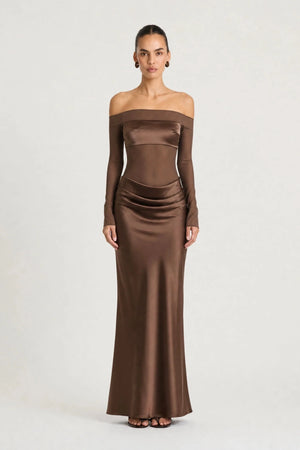 Vera Maxi Dress Chocolate by Benni – sheer mesh maxi dress with satin bralette and draped cowl skirt detail.
