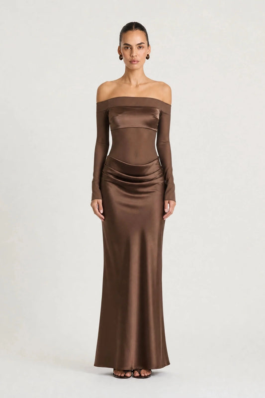 Vera Maxi Dress Chocolate by Benni – sheer mesh maxi dress with satin bralette and draped cowl skirt detail.