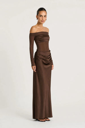 Vera Maxi Dress Chocolate by Benni – sheer mesh maxi dress with satin bralette and draped cowl skirt detail.