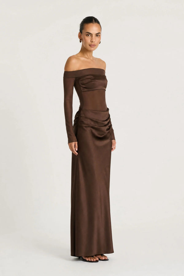 Vera Maxi Dress Chocolate by Benni – sheer mesh maxi dress with satin bralette and draped cowl skirt detail.