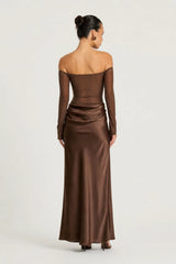 Vera Maxi Dress Chocolate by Benni – sheer mesh maxi dress with satin bralette and draped cowl skirt detail.