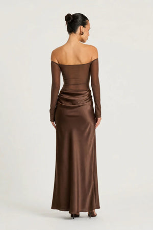 Vera Maxi Dress Chocolate by Benni – sheer mesh maxi dress with satin bralette and draped cowl skirt detail.