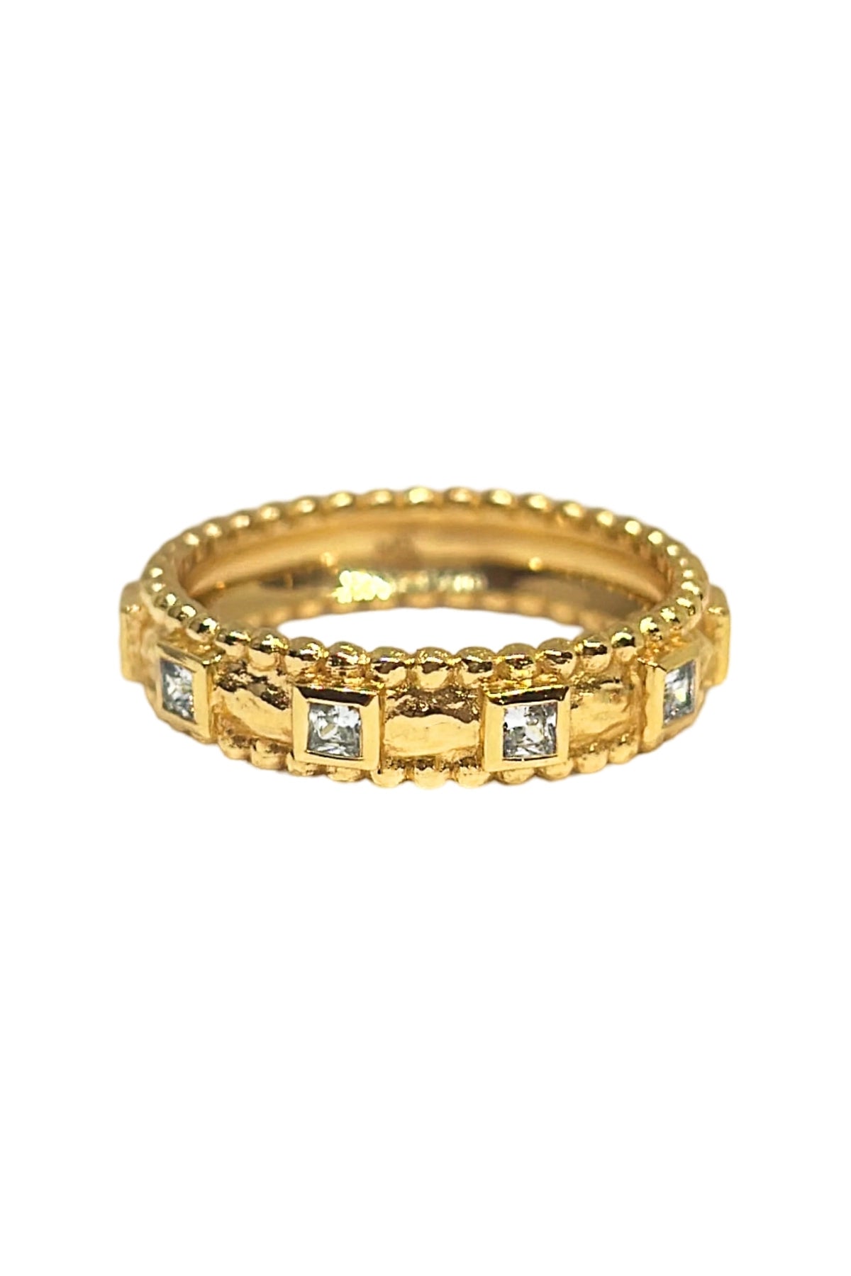 Vera Ring by Mountain and Moon — a gold textured band with White CZ and rawa ball detailing, perfect for refined everyday sparkle.