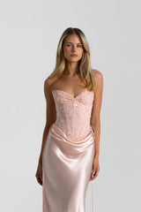 Verity Bustier in Baby Pink by Natalie Rolt, a strapless corset bodysuit with lace-up back and boning. Perfect for elevated formal looks.