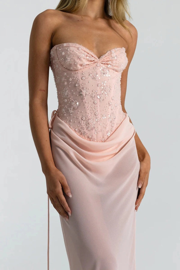 Verity Bustier in Baby Pink by Natalie Rolt, a strapless corset bodysuit with lace-up back and boning. Perfect for elevated formal looks.