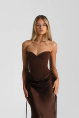 Verity Bustier in Espresso by Natalie Rolt, a strapless corset bodysuit with lace-up back and boning. Perfect for elevated formal looks.