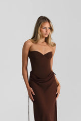 Verity Bustier in Espresso by Natalie Rolt, a strapless corset bodysuit with lace-up back and boning. Perfect for elevated formal looks.