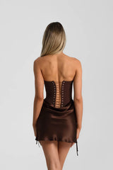 Verity Bustier in Espresso by Natalie Rolt, a strapless corset bodysuit with lace-up back and boning. Perfect for elevated formal looks.