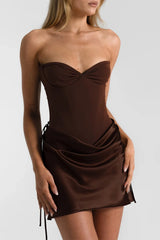 Verity Bustier in Espresso by Natalie Rolt, a strapless corset bodysuit with lace-up back and boning. Perfect for elevated formal looks.