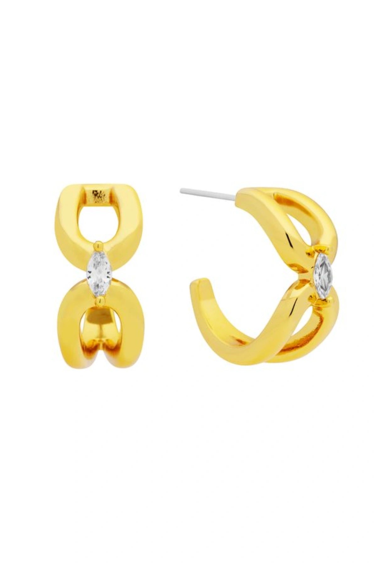 Verona Earrings Gold by Amber Sceats, chain-link earrings with marquise cubic zirconia detail, a trendy piece perfect for bold events or chic evenings.