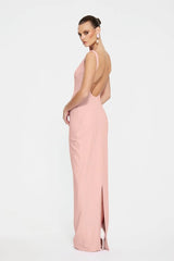 Verona Gown in Blush by Effie Kats, a high-neck floor-length gown with low back, back split, and figure-flattering stretch crepe.