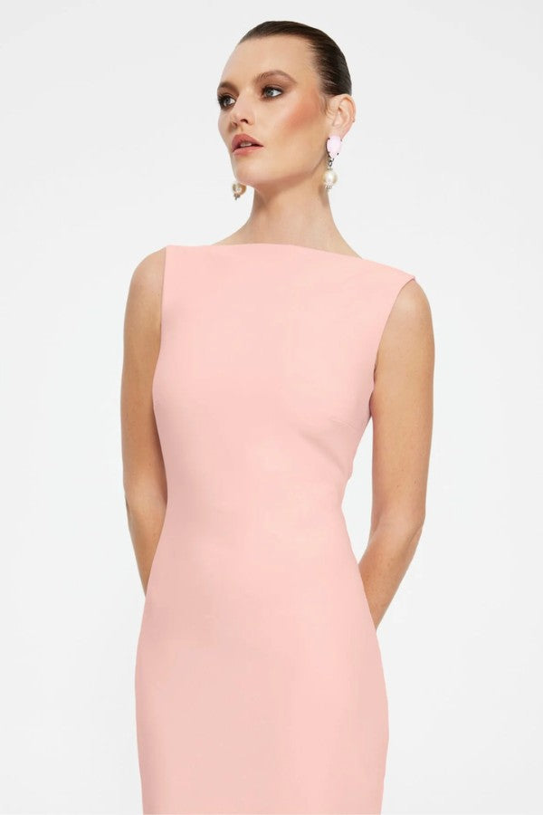 Verona Gown in Blush by Effie Kats, a high-neck floor-length gown with low back, back split, and figure-flattering stretch crepe.