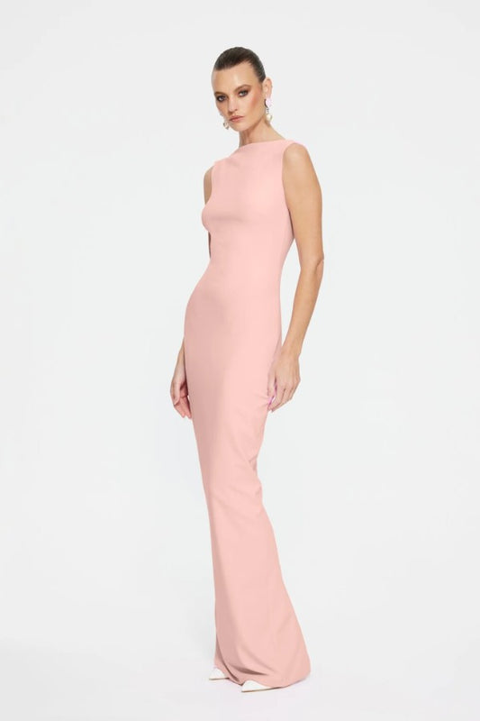 Verona Gown in Blush by Effie Kats, a high-neck floor-length gown with low back, back split, and figure-flattering stretch crepe.