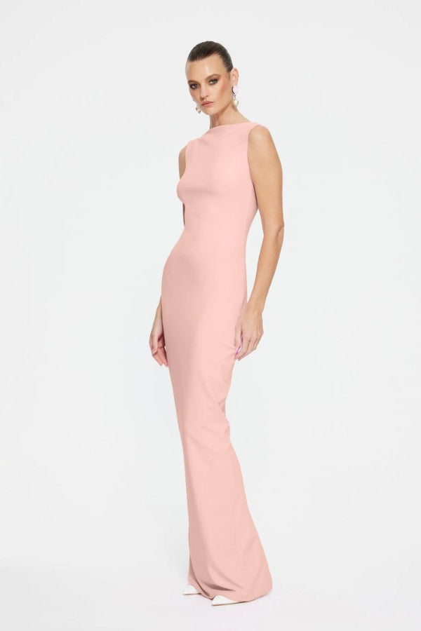Verona Gown in Blush by Effie Kats, a high-neck floor-length gown with low back, back split, and figure-flattering stretch crepe.