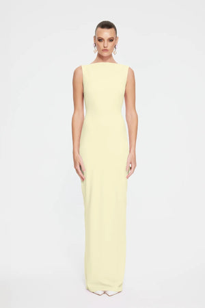 Verona Gown in Lemon by Effie Kats – high neckline and low back in stretch crepe. Perfect for formal evenings and elegant affairs.