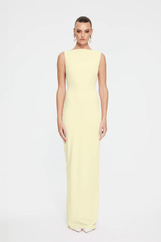 Verona Gown in Lemon by Effie Kats – high neckline and low back in stretch crepe. Perfect for formal evenings and elegant affairs.