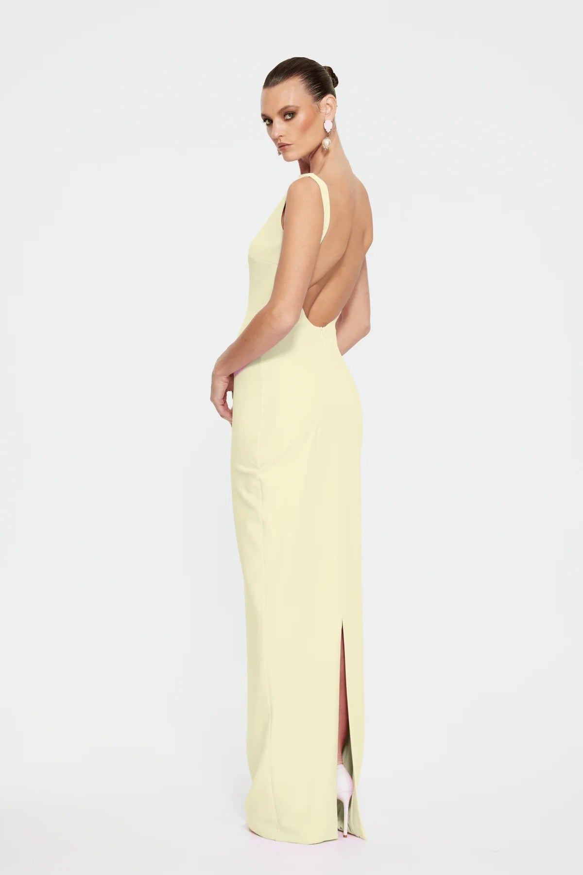Verona Gown in Lemon by Effie Kats – high neckline and low back in stretch crepe. Perfect for formal evenings and elegant affairs.