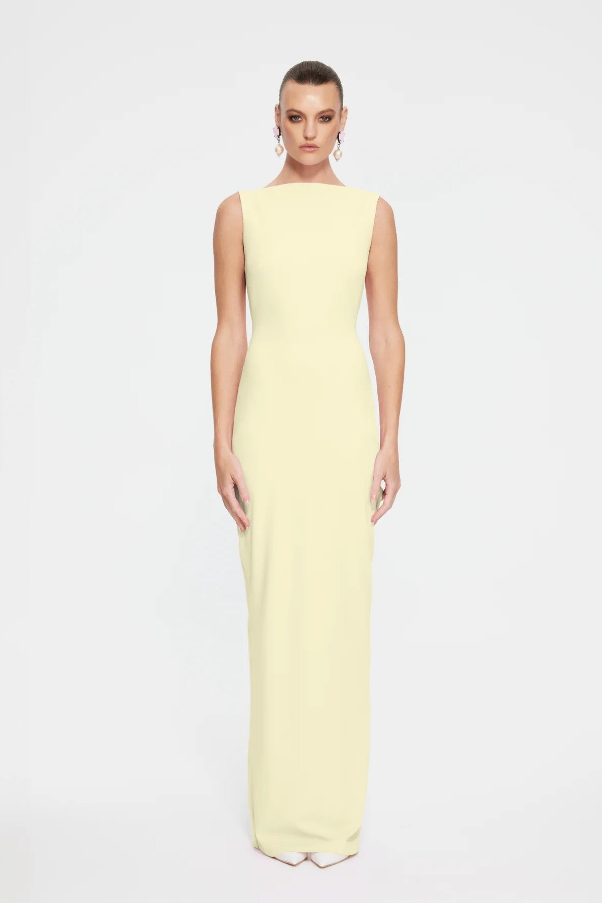 Verona Gown in Lemon by Effie Kats – high neckline and low back in stretch crepe. Perfect for formal evenings and elegant affairs.