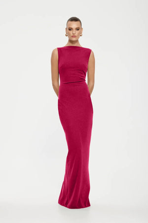 Verona Gown in Raspberry by Effie Kats – high neckline and low back in stretch crepe. Perfect for formal evenings and elegant affairs.