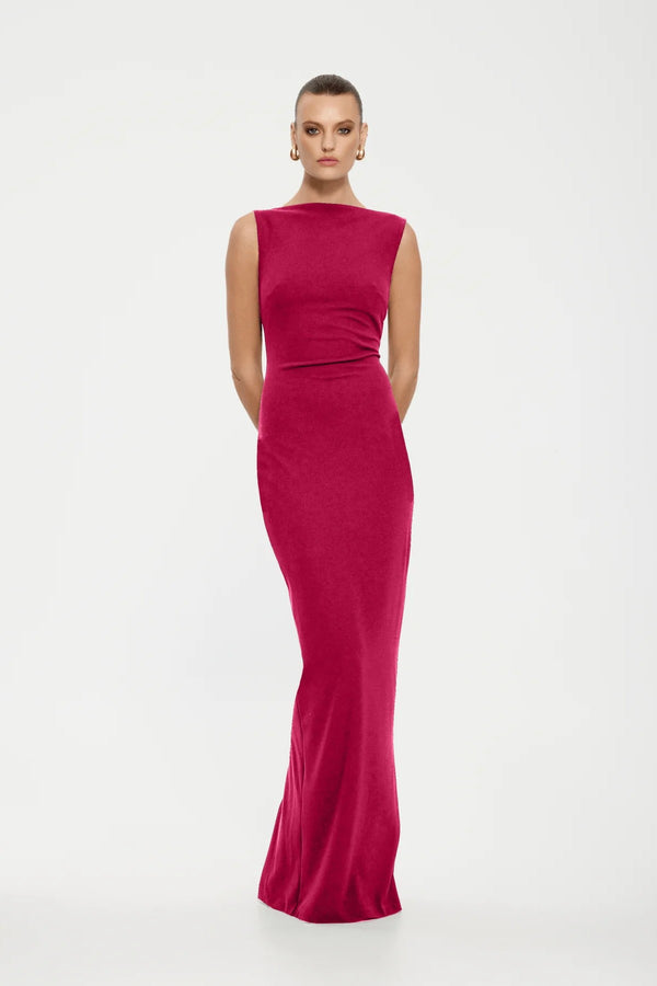 Verona Gown in Raspberry by Effie Kats – high neckline and low back in stretch crepe. Perfect for formal evenings and elegant affairs.