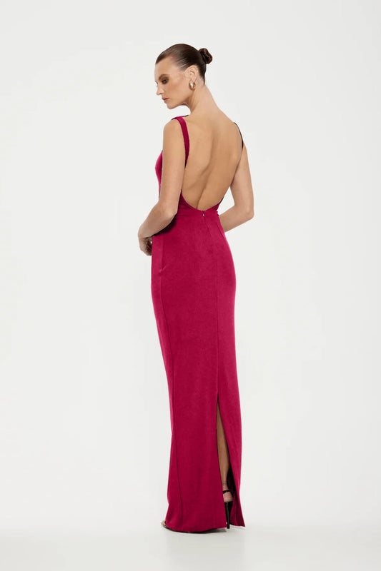 Verona Gown in Raspberry by Effie Kats – high neckline and low back in stretch crepe. Perfect for formal evenings and elegant affairs.