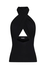 Victoria Top Black by Pfeiffer, sculpting wrap-style jersey top with double lining and adjustable ties for a sleek, curve-enhancing fit.