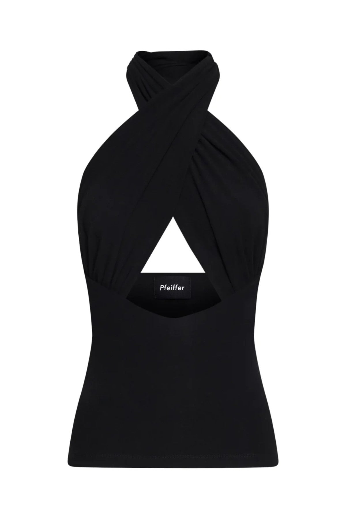 Victoria Top Black by Pfeiffer, sculpting wrap-style jersey top with double lining and adjustable ties for a sleek, curve-enhancing fit.