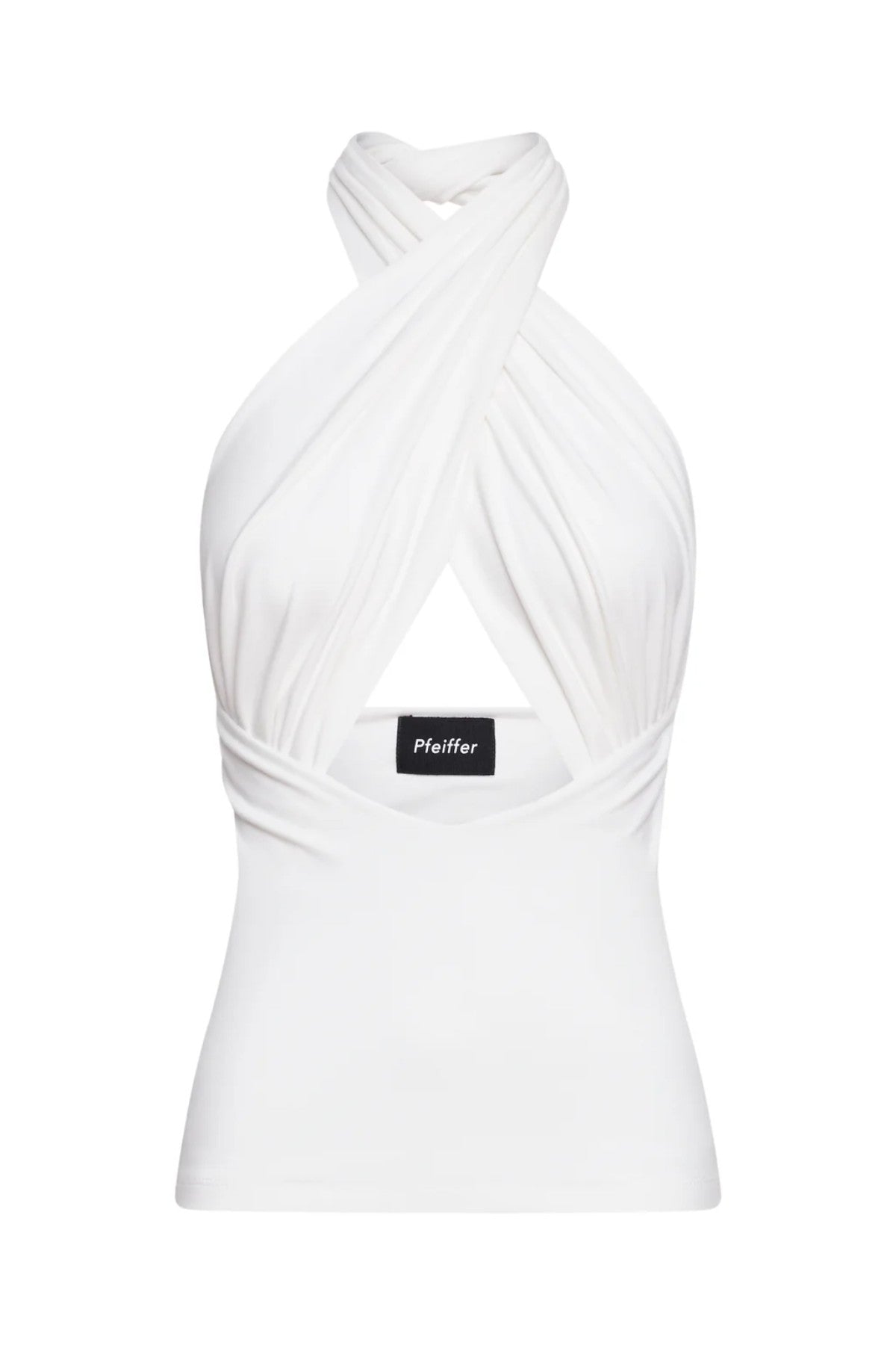 Victoria Top Powder by Pfeiffer, sculpting wrap-style jersey top with double lining and adjustable ties for a flattering, curve-hugging fit.