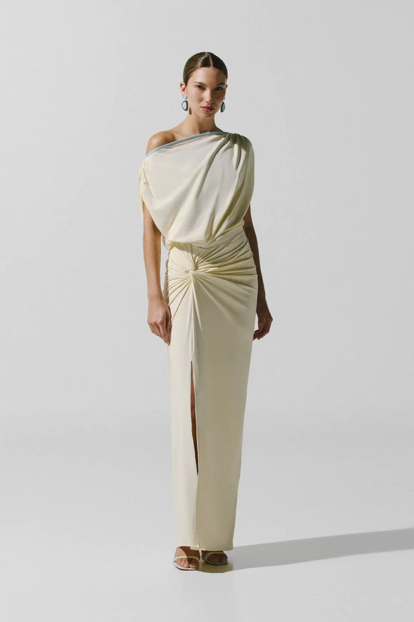 Waves Maxi Dress Pastello by Baobab, draped ruched maxi dress with side slit for elegant summer events