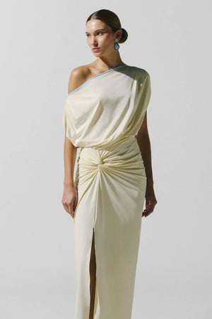 Waves Maxi Dress Pastello by Baobab, draped ruched maxi dress with side slit for elegant summer events.