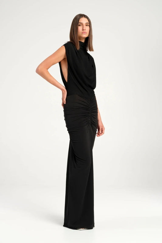 Willow Maxi Dress Black by Benni, cowl neck maxi with sheer gathered skirt and flared hem, perfect for formal events or chic evenings.