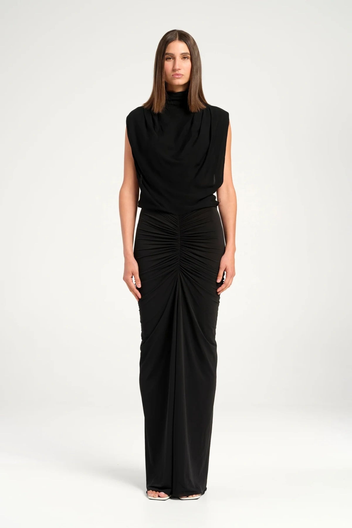 Willow Maxi Dress Black by Benni, cowl neck maxi with sheer gathered skirt and flared hem, perfect for formal events or chic evenings.