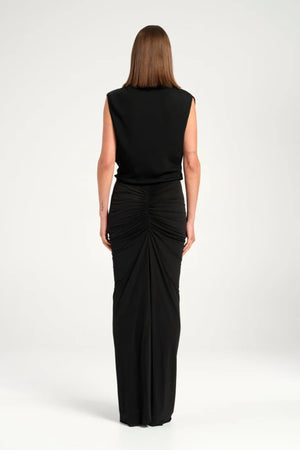 Willow Maxi Dress Black by Benni, cowl neck maxi with sheer gathered skirt and flared hem, perfect for formal events or chic evenings.