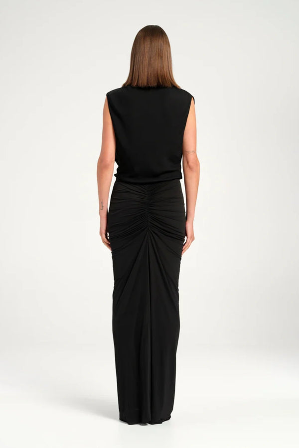 Willow Maxi Dress Black by Benni, cowl neck maxi with sheer gathered skirt and flared hem, perfect for formal events or chic evenings.
