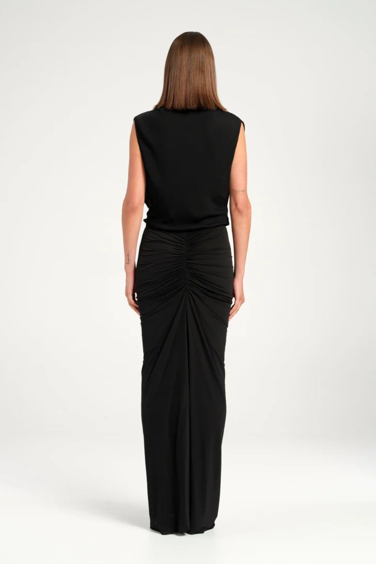 Willow Maxi Dress Black by Benni, cowl neck maxi with sheer gathered skirt and flared hem, perfect for formal events or chic evenings.