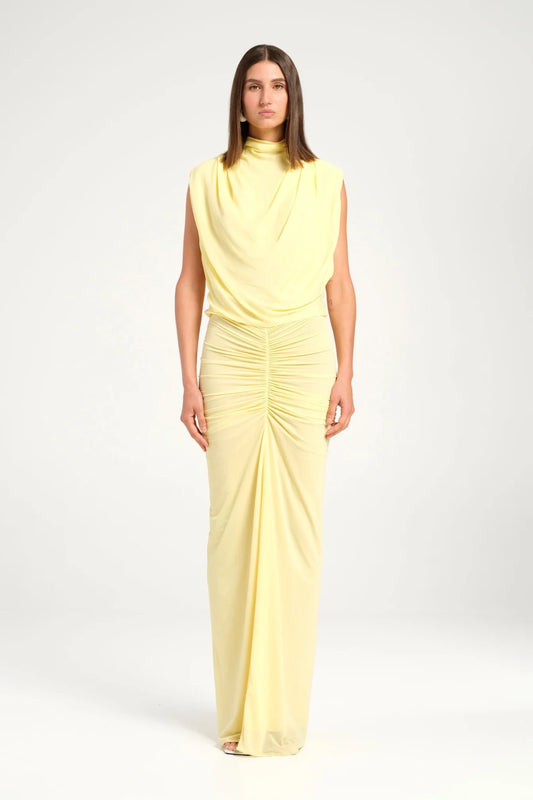 Willow Maxi Dress Butter by Benni, cowl neck maxi with sheer skirt and gathered fit, perfect for romantic evenings or formal occasions.