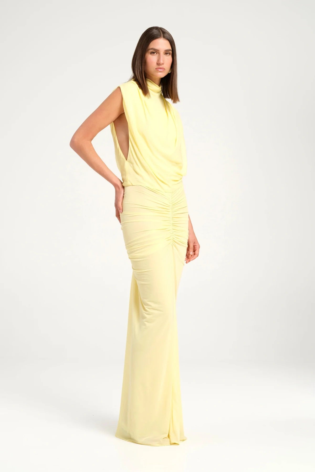Willow Maxi Dress Butter by Benni, cowl neck maxi with sheer skirt and gathered fit, perfect for romantic evenings or formal occasions.