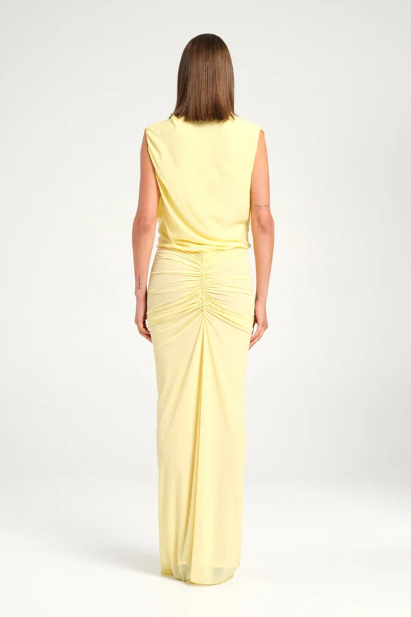 Willow Maxi Dress Butter by Benni, cowl neck maxi with sheer skirt and gathered fit, perfect for romantic evenings or formal occasions.
