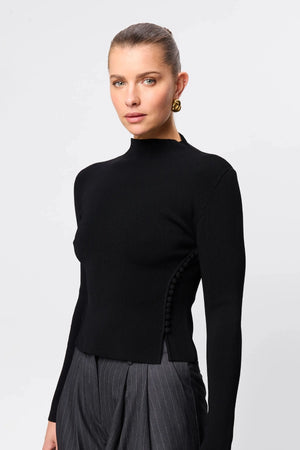 Windsor Knit Top Black by Mossman - slim fit knit top with extended neckline and button detail, designed for a refined modern silhouette.