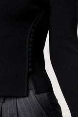 Windsor Knit Top Black by Mossman - slim fit knit top with extended neckline and button detail, designed for a refined modern silhouette.