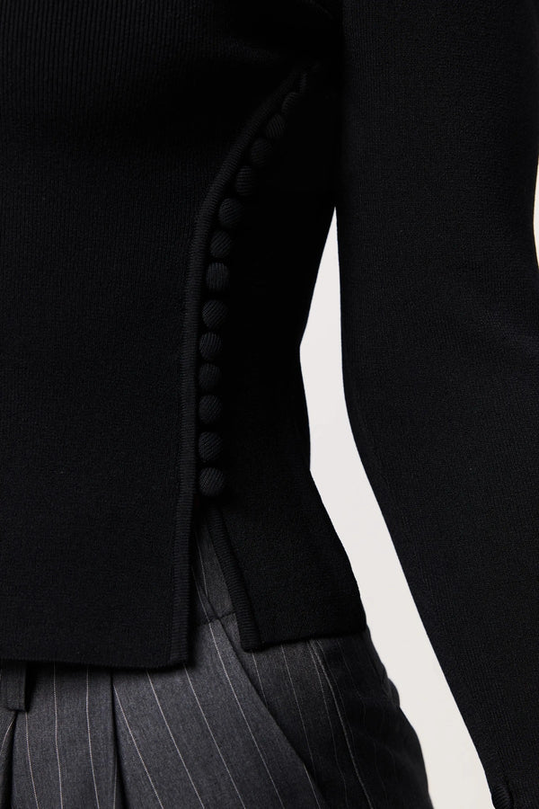 Windsor Knit Top Black by Mossman - slim fit knit top with extended neckline and button detail, designed for a refined modern silhouette.