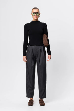 Windsor Knit Top Black by Mossman - slim fit knit top with extended neckline and button detail, designed for a refined modern silhouette.