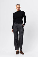 Windsor Knit Top Black by Mossman - slim fit knit top with extended neckline and button detail, designed for a refined modern silhouette.