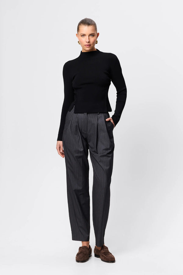 Windsor Knit Top Black by Mossman - slim fit knit top with extended neckline and button detail, designed for a refined modern silhouette.