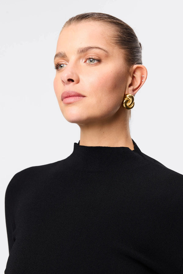 Windsor Knit Top Black by Mossman - slim fit knit top with extended neckline and button detail, designed for a refined modern silhouette.